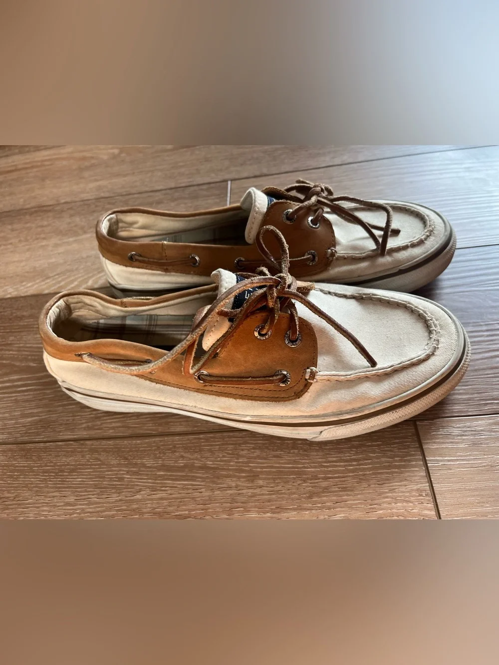 Sperry Top-Sider Men’s Boat Shoe cream canvas & brown leather Size 8.5